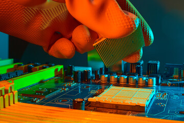 Hand of computer engineer replace computer cpu processor change components into socket processor...