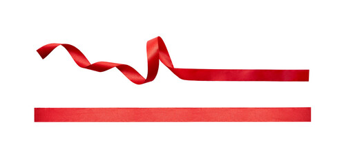 A curly red ribbon Christmas and birthday present banner set isolated against a white background.