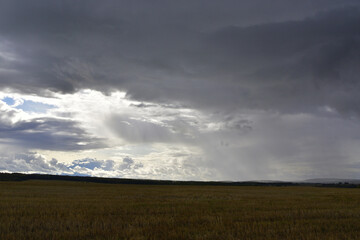 Cold rains over village fields and copses. Autumn bad weather in the foothills of the Western Urals.