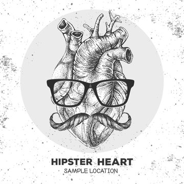 Realistic hand drawing vector illustration of human heart with hister glasses and mustache.