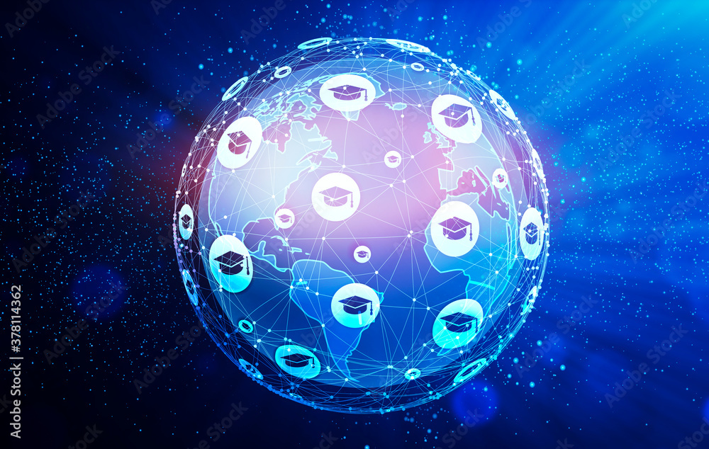 Poster digital learning and education. world globe hologram with graduation cap icons network