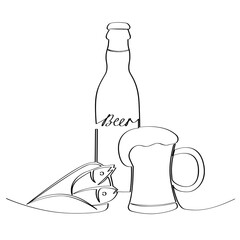 Beer with fish on white background.