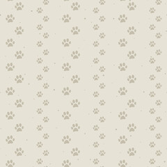 Background of animal paws. Cat or dog footprints on beige background. Vector seamless pattern.