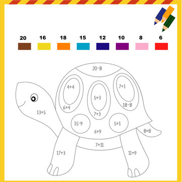 Math coloring with exercises for children to add and subtract. Turtle.