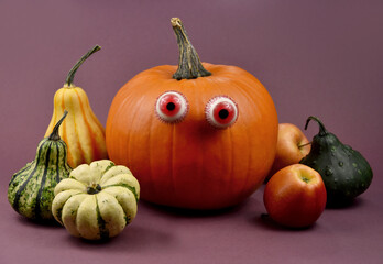 Spooky halloween pumpkin with eyes stock images. Different types of pumpkins and squash autumn...