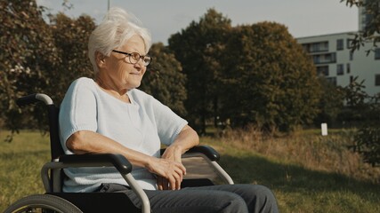 Senior disabled woman sitting in the wheelchair in the park enjoying autumn breeze. High quality photo