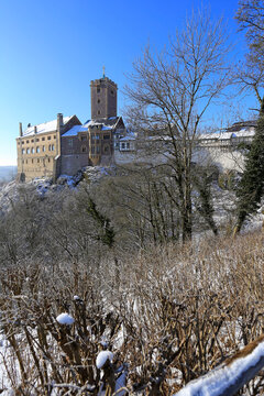 Außenansicht der Wartburg im Winter. Eisenach; UNESCO Weltkulturerbe, Deutschland, Europa
