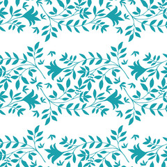 Elegant wild meadow grass seamless vector pattern background. Stylized aqua blue leaves in horizontal rows on white backdrop. Geometric damask style design. Botanical foliage all over print.
