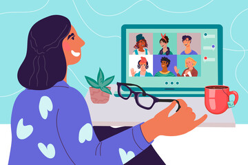 Video conference or distance training concept. Webinar and online education topic banner with woman communicating with colleagues, taking part in video connection session, flat vector illustration.