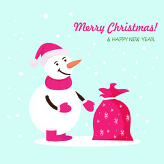 Merry Christmas and Happy New Year!  Snowman wearing a red knitted scarf and a Santa Claus hat. Nearby is a bag with gifts. Symbol of Christmas. Congratulations card. Vector flat illustration