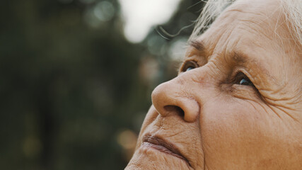 Eyes of elderly woman in the park. looking up in the sky. Extreme close up. High quality photo - obrazy, fototapety, plakaty