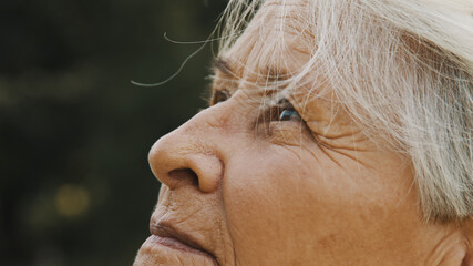 mature gray haired woman enjoyng autumn breeze in park. Close up. High quality photo
