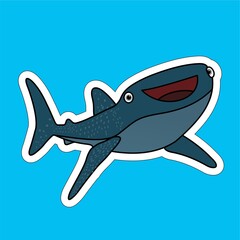 Sticker of Whale Shark Opens its Mouth Cartoon, Cute Funny Character, Flat Design