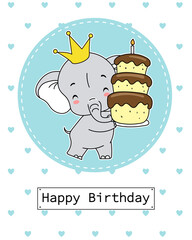 Boy birthday card. Elephant with cake. Isolated vector