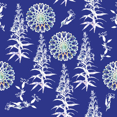 Abstract elements, flowers and circles, seamless pattern.