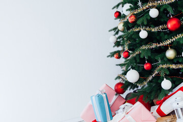 Classic New Year Tree decorated in grunge room interior