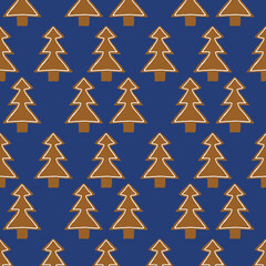 seamless pattern with gingerbread Christmas trees on a blue background