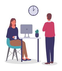 Man stands and looks at the clock on the wall, woman with glasses at table with monitor. Coffee break. Employees, colleagues or office staff. Communicate and work. Flat vector image isolated on white