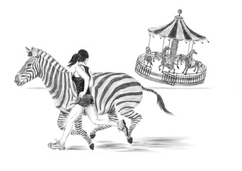 Illustration of a girl running with a zebra away from a zebra carousel in a park. A fairy tale scene about friendship and courage. Black and white pencil sketch drawing. Isolated on white background.  © Wenyi