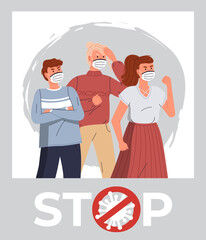 Group of people wearing protective medical face masks. Characters protesting against virus spread at background of stop sign. Concept of coronavirus quarantine, pandemic. World epidemic of covid 19