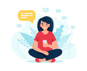 Young happy woman using smartphone illustration in flat style
