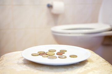 Close-up Of Coins On A Plate. Toilet - Tip - Fee. Restroom - Bathroom - Toilet In Background. Euro Money. Plate With Coins.