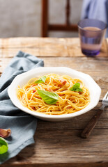Italian pasta carbonara made with egg, hard cheese, cured pork guanciale or pancetta and black pepper