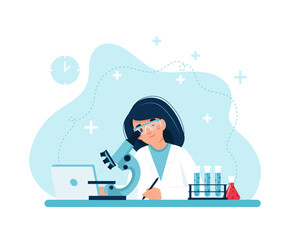 Scientist at work, female character conducting experiments with microscope. illustration in flat style