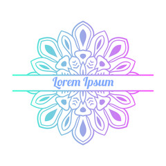 Colorful gradient floral card with blank space in the middle. Invitation template with decorative mandala. Lotus flower card, poster, flyer. Vector illustration.