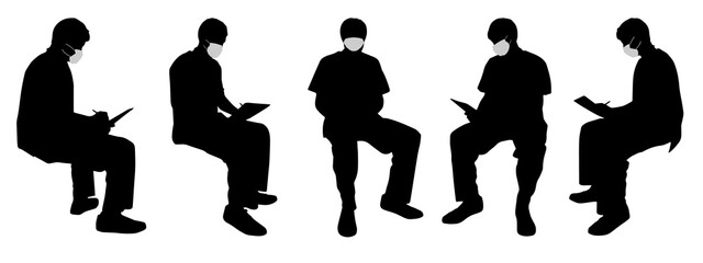 Vector concept conceptual  silhouette men working while social distancing as means of prevention and protection against coronavirus contamination. A metaphor for the new normal..