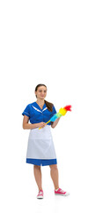 Smiling. Portrait of female made, housemaid, cleaning worker in white and blue uniform isolated over white background. Copyspace for ad. Concept of professional occupation, job, emotions.