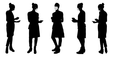Vector concept conceptual  silhouette women working while social distancing as means of prevention and protection against coronavirus contamination. A metaphor for the new normal.