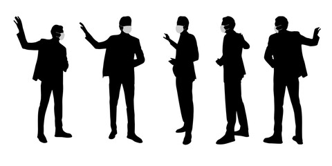 Vector concept conceptual  silhouette men talking while social distancing as means of prevention and protection against coronavirus contamination. A metaphor for the new normal.