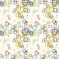Cartoon colorful geo seamless pattern with chaotic round squares. Confetti wrapping paper. Messy geometric infinity background. Vector illustration.  