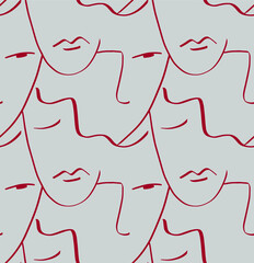Abstract One Line Drawing Faces Masks Repeating Vector Pattern with Isolated Background