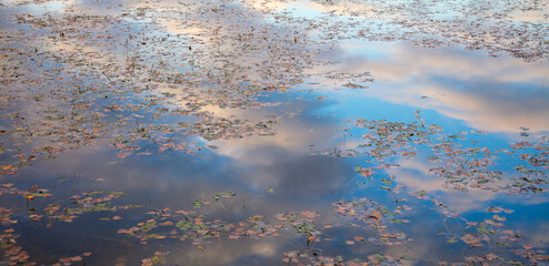 Clouds in the sky with reflection in the lake at sunset.