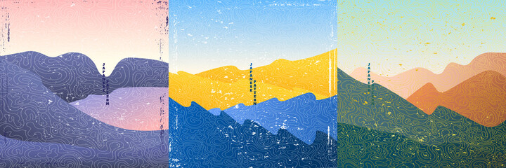 Vector illustration landscape. Grunge texture. Gradient color. Line wave pattern. Mountain background. Asian style. Design for social media, web template, banner, blog post. Vintage concept.