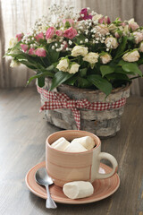 Breakfast with flowers bouquet