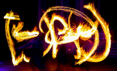Flame of fire in motion at night.