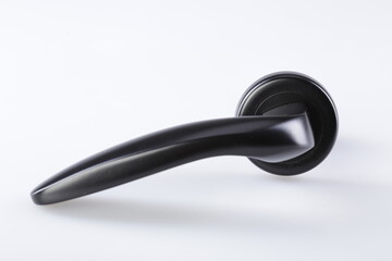 Black metal door handle on a white background.