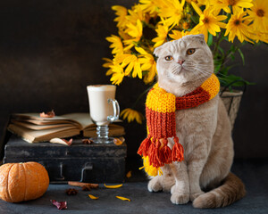 Autumn Thanksgiving composition. Cute cat in knitted scarf, pumpkins, autumn leaves, hot latte mug and open book. Autumn mood, vibes. Hugge concept