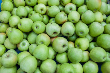 A selection of organic green apples at the market