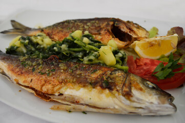 grilled sea fish at the plate with potatoes and vegetables