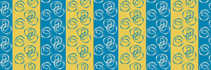 Naklejka na ściany i meble Vector scribbled abstract circles seamless striped border. Banner of hand drawn round groups of ink line spirals on backdrop of blue and yellow vertical thick stripes. Design for ribbon, edging, trim