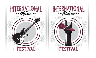 Fototapeta na wymiar international music festival poster with electric guitar and hand lifting microphone
