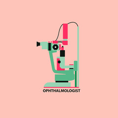 Ophthalmologis banner vector illustration. Eye check machine design element. Medical consultation concept in flat cartoon style.