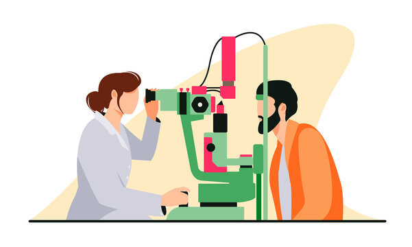 Isolated on white eye check up vector illustration. Ophthalmologist design element. Eyesight test in flat cartoon style.
