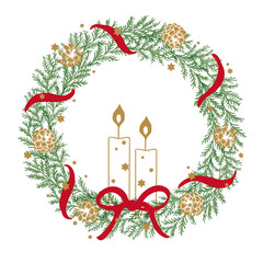 ベーシックなクリスマスリースの線描きイラスト