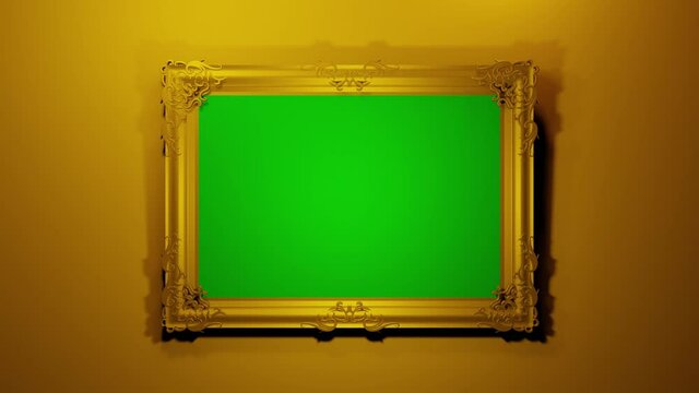Decorative vintage golden frame hanging on wall 3d rendering animation. Antique glowing golden border isolated with empty green screen 