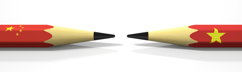 Opposing pencils with flags of China and Vietnam. Conflict concept, 3d rendering